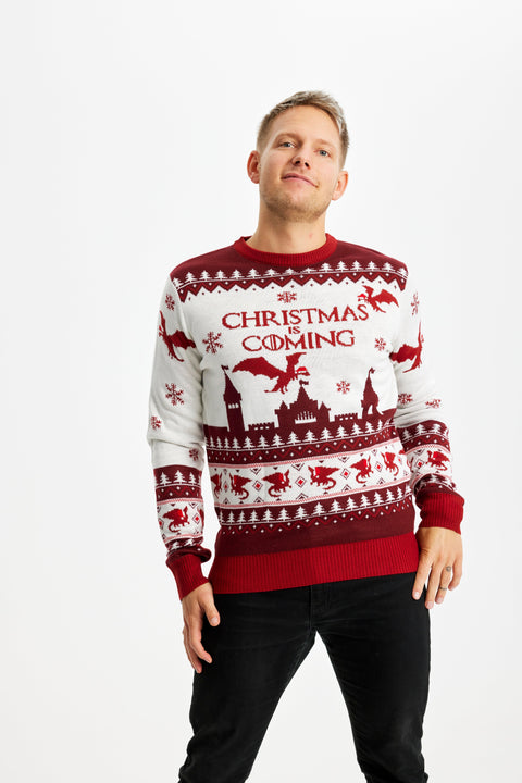 En mand har en rød og hvid julesweater på, hvor ser er flyvende draget, træer og slotte på.