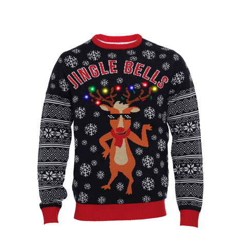 En julesweater med citatet "Jingle bells" og lys på.